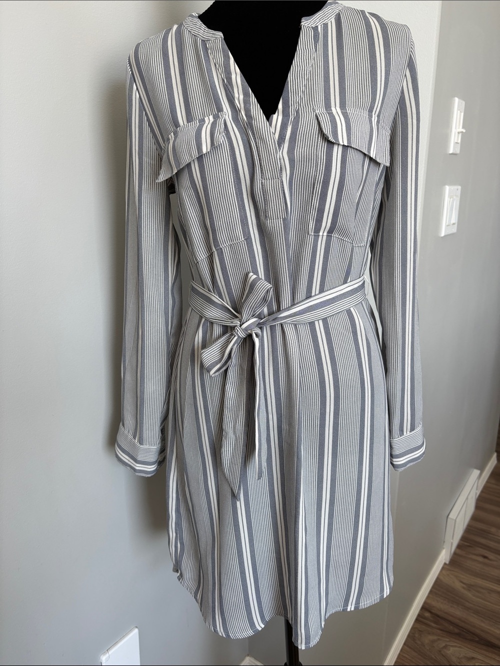 Dex Striped Long-Sleeve Shirt Dress in Gray and White - Picture 3 of 6